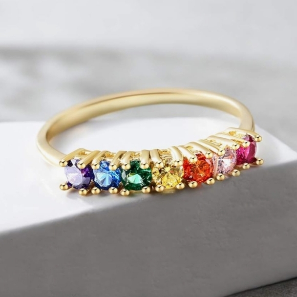 E 14K Gold Plated Rainbow Cubic Zirconia Eternity Ring Size 8 - Picture 1 of 7